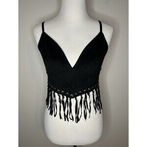 Poster Grl Dolls Kill RODEO TIES FRINGE BRA TOP Sz Large Faux Black Suede #1145
